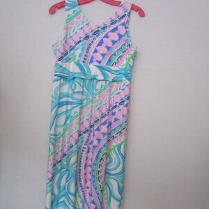 Long Maxi Dress Resort Palm Beach Aqua Blue Pink Jersey Knit